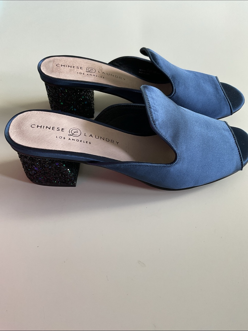 Chinese Laundry Blue Open-Toe Satin Mules with Glitter Block Heel